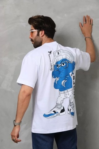Valensdesign Unisex Bisiklet Yaka Baskılı Oversize T-shirt - Beyaz Siyah
