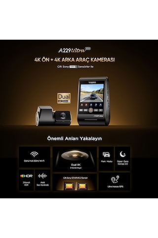 Viofo A229 Ultra 2 Kameralı Ön Ve Arka 4k+4k Sony Starvis 2 Sensörlü Dual Hdr Wi-fi 6 Gps'li Araç Kamerası
