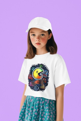Sevbano Pacman Baskılı Unisex Oyun Çocuk Tişört 1-12 Yaş Beyaz