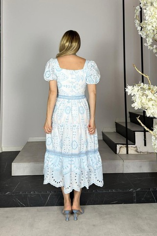 G1370 Balon Kol Fisto Elbise Mavi Mavi