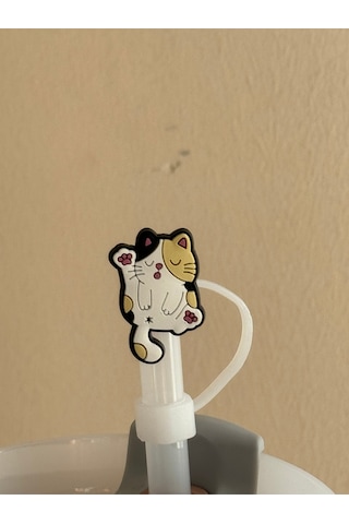 Sevimli Kedi Model Silikon Toz Geçirmez Sızdırmaz Pipet Kapağı 1 Adet Termos Ile Uyumlu Beyaz