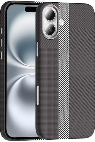 Apple Uyumlu iPhone 16 Plus Kılıf M-safe Şarj Özellikli Karbon Fiber Görünümlü Zore Gros Kapak Gri-Siyah