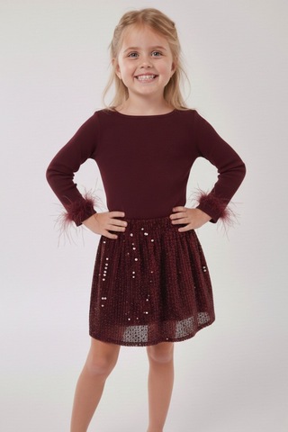My Kids Wear Kız Çocuk Bayramlık Bordo Payet Etek Takımı 12530 Bordo