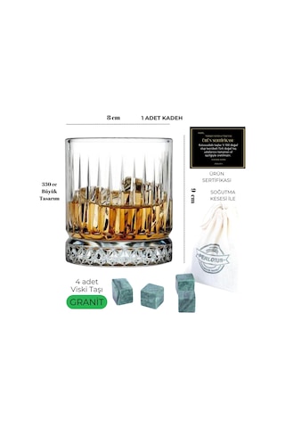 330 Cc Italy Serisi Büyük Kadeh Viski Bardağı 4 Adet Viski Taşı Hediyeli Beyaz