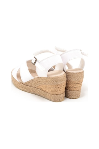 Star Tombis Gerçek Elişi 9cm Topuklu Platformlu Dolgu Topuk Keten Çapraz Sandalet Handmade Beyaz