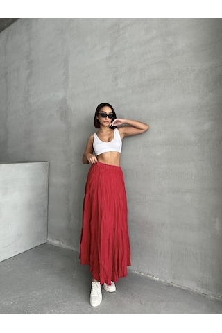 Kadın Buruşuk Modal Dokulu Soft Uzun Etek Kırmızı