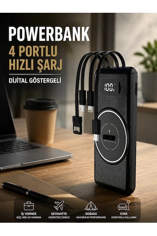 Hızlı Şarj Dijital Göstergeli Powerbankli Çoklu Şarj Özelliği Siyah 06599797