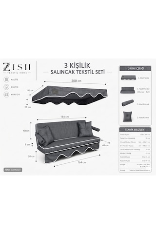Altaleno 3 Kişilik 164 48 Cm Süngerli Bahçe Balkon Salıncak Minderi Yıkanabilir Kılıflı, Tenteli Keten Kumaş Tekstil Seti 24 Dns 8 Cm Orta Sert Sünger Gri