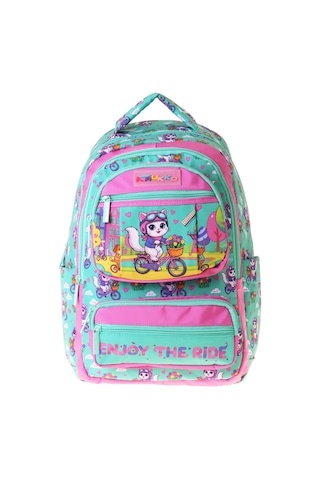 Kaukko Kids Kız Çocuk Bisikletli Kedi Baskılı Cat Bike Altı Bölmeli İlkokul Sırt Çantası - L5328 Çok Renkli