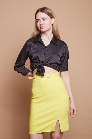 Astarlı Yüksek Bel Önden Yırtmaçlı Deri Kemerli Pamuklu Hafif Likralı Kumaş Kalem Etek Kemer Dahil -sarı - Sarı