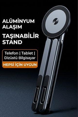 3'ü 1 Arada Magsafe Uyumlu Alüminyum Stand - Selfie Çubuğu, Telefon, Tablet Ve Laptop Tutucu Krom