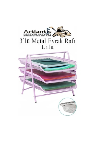 Evrak Rafı Metal 3 Lü Lila 1 Paket Masaüstü A4 Dosya Düzenleyici Kağıt Tepsisi Metal Çelik Fileli Dört Katlı Hareketli Lila