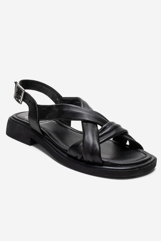 Luvishoes Frand Siyah Hakiki Deri Çapraz Bantlı Kadın Sandalet