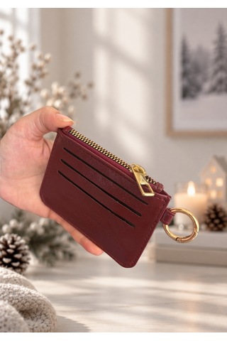 Elpida Bags Kadın Anahtarlıklı Fermuarlı Deri Görünümlü Kartlık Bordo