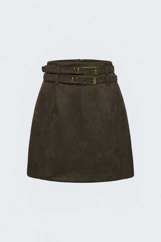Sateen Süet Çift Kemerli Mini Etek - Kahve-138005