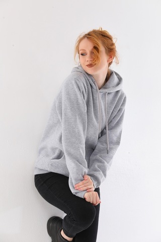 Everest Everst Kapüşonlu 3 İplik Şardonlu Kanguru Cepli Sweatshirt Gri