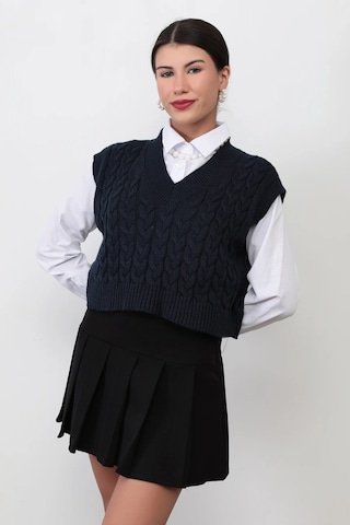 Giysa Kadın Lacivert V Yaka Saç Örgü Desenli Crop Triko Süveter - 4007 Lacivert