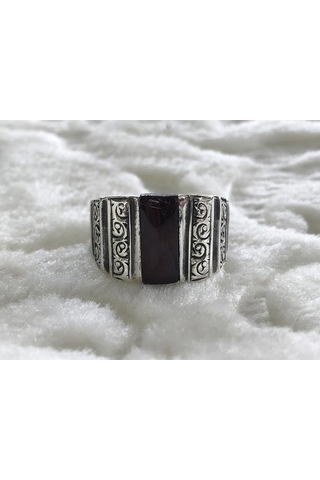 Kehribar Taşlı Erzurum Kalem Işçiliği 925 Ayar Gümüş Erkek Yüzük