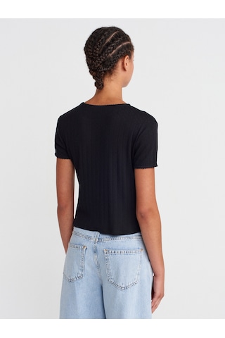 Dilvin 31795 Fiyonk Detaylı Kısa Kollu Kontrast T-shirt-siyah SIYAH