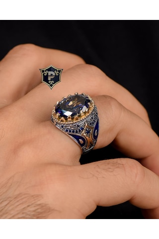 Prestij Gümüş Mistik Topaz Taşlı Zirkon Taş Süslemeli 925 Ayar Gümüş Erkek Yüzüğü