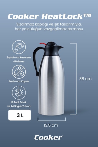 Cooker Heatlock 3 Litre Paslanmaz Çelik Büyük Boy Termos Ckr2116 Gümüş