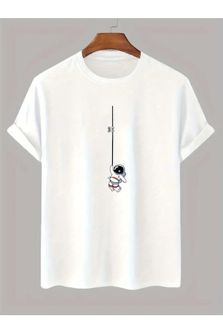 Flood Of Style Unisex Beyaz İpte Astronot Baskılı Oversize