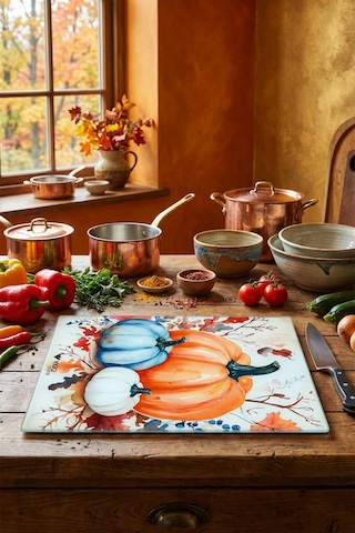 Makri Home Dekoratif Kabak Desenli Cam Kesme Tahtası 25 Cm 35 Cm Turuncu
