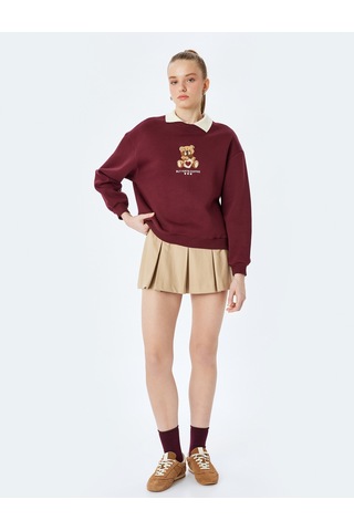 Koton Ayı Nakışlı Uzun Kollu Bisiklet Yaka Oversize Sweatshirt Bordo 5sal10600ık Bordo