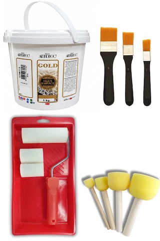 Artdeco Multi Surface Akrilik Boya 1 Kg Beyaz Rulo Ve Fırça Tavası I Tampon Sünger Takımı Zemin Fırça Seti Karışık Renk