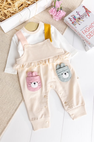Baby Mod Tavşan Fiğürlü100% Pamuk Kız Bebek Salopet 2'li Tulum Krem