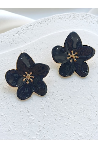 Siyah Çelik Çiçek Küpe Altın - Siyah