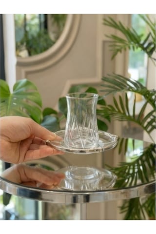 Elta Collection 12 Parça 6 Kişilik Kristal Kesim Çay Takımı Cam Çay Bardağı Ve Tabak Seti Gümüş