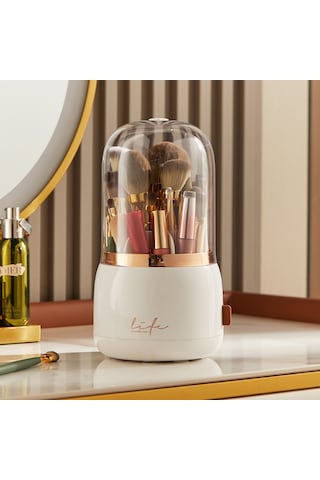 Masaüstü Makyaj Fırçası Ve Kozmetik Düzenleme Kutusu Organizer Bölmeli Dönebilen Bej
