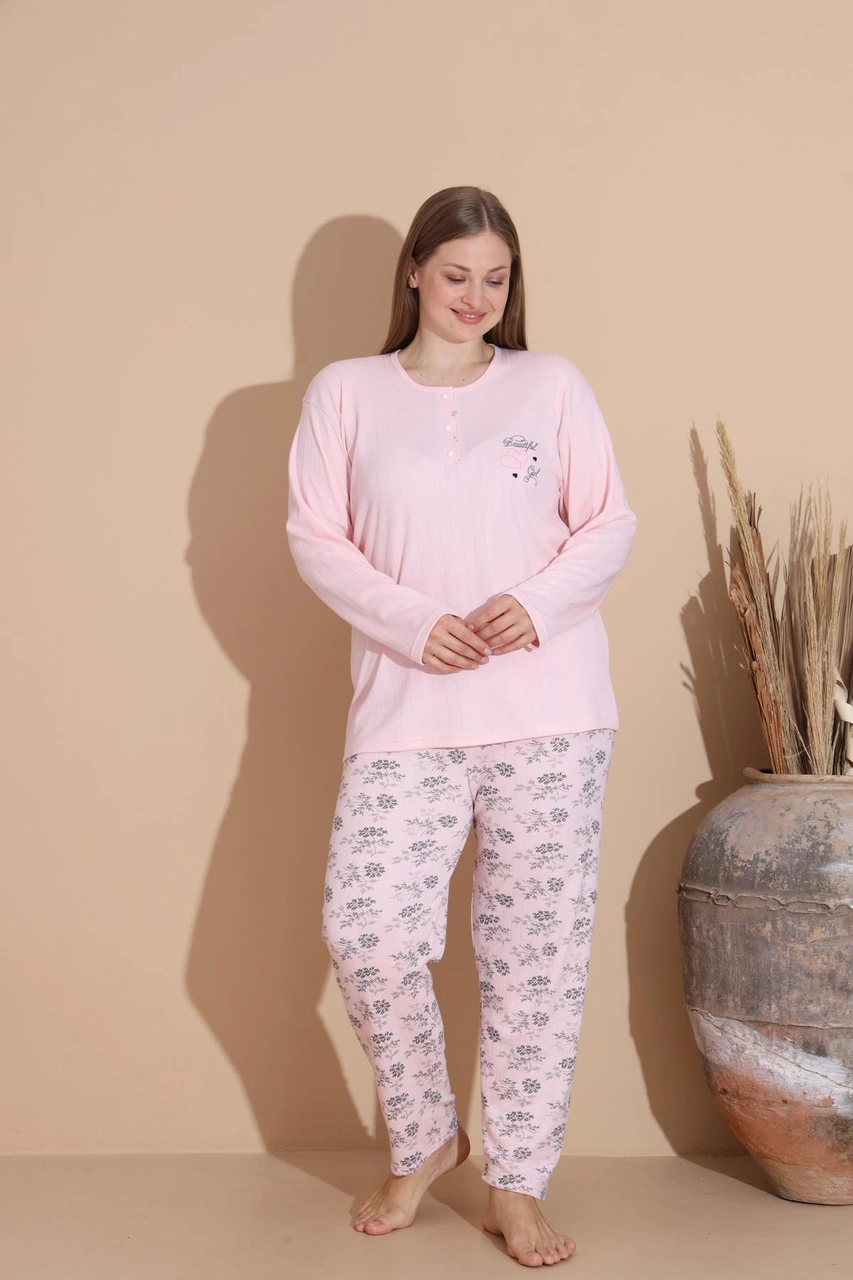 Lindros Kadın Pamuk'lu Düğme Yaka Raporlu İnterlok Kışlık Battal Pijama Takımı 05150p - 1 Adet Pembe