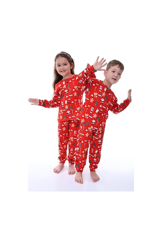 Bunny Hopp %100 Pamuk Interlok Kumaş Unisex Kız Ve Erkek Çocuk Yılbaşı Pijama Takımı Kırmızı Noel Temalı