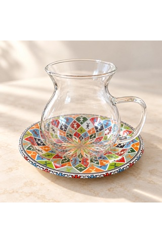 Renkli Metal Tabaklı 6'lı Çay Bardağı Seti Çok Renkli