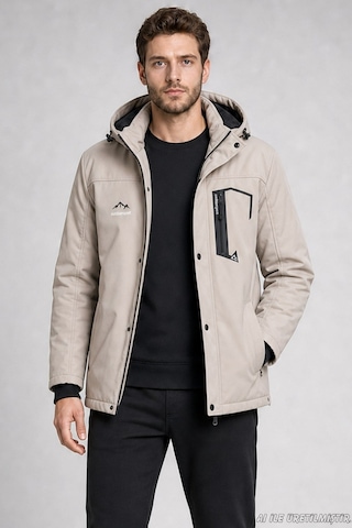 Freemen Erkek Kapüşonlu İçi Kürklü Su Ve Rüzgar Geçirmez Outdoor Softshell Mont-414 Taş