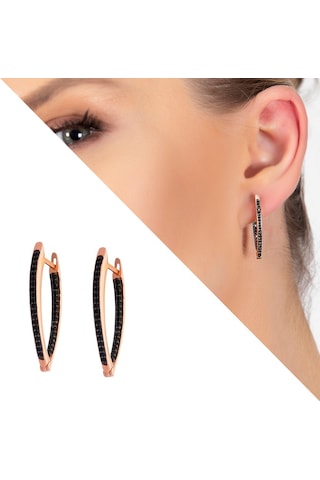 Starlight Diamond Siyah Zirkon Taşlı V Tasarım Rose Renk 925 Ayar Gümüş Küpe