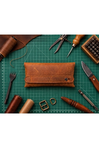 Vintage Leather Craft Hakiki Deri El Portfoyü Telefon Bölmeli Açık Kahverengi - Taba