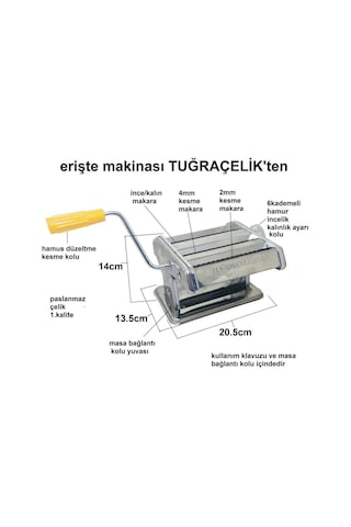 Tuğra Çelik No 150 3 Amaçlı Erişte Kesme Makarna Yufka Makinesi Gümüş