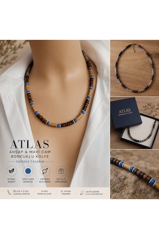 Atlas Ahşap Boncuklu Mavi Cam Detaylı Uniseks Kolye 50+5 Cm Kutulu Hediyelik Çok renkli