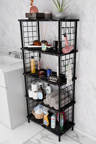 5 Raflı Çevir-kur Raf Ünitesi Telli Metal Gövdeli Organizer Banyo, Mutfak, Balkon, Antre Uyumlu Siyah Mermer