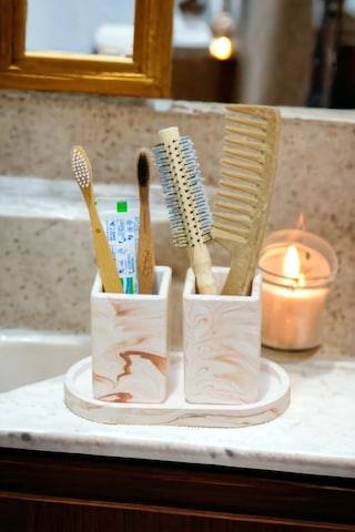 Banyo Seti Turuncu Tepsili Diş Fırçalık, Diş Macunluk, Makyaj Organizeri,banyo Takım Gri