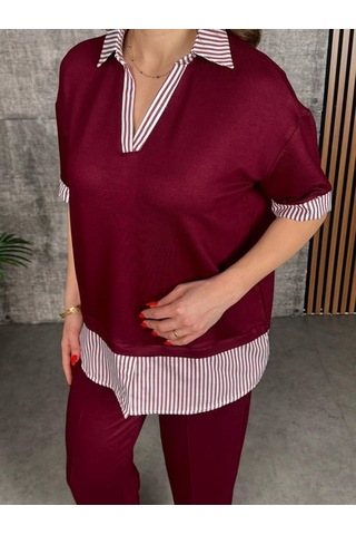 Modaserdem Kadın Modal Kumaş Çizgili Gömlek Yaka Ikili Takım Kırmızı