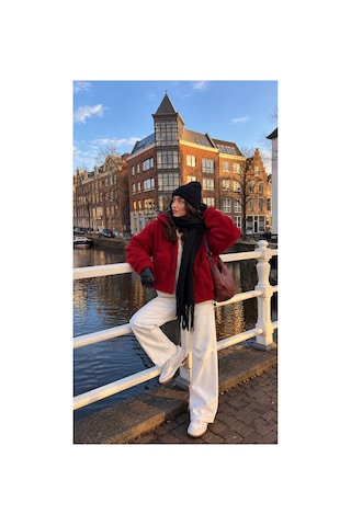 Nilza Kadın Teddy Peluş Ceket Kapüşonlu Fermuarlı Cepli Oversize Sweatshirt Kırmızı