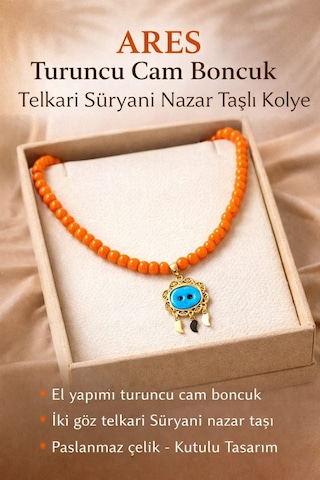 Sinem Şanlı Ares Turuncu Cam Boncuk Telkari Süryani Nazar Taşlı Tasarım Kolye Turuncu