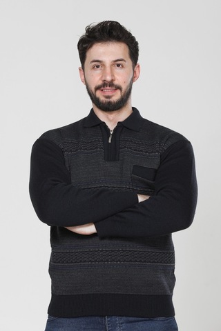 Kzc Tekstil Erkek Baba Orta Yaş Ve Üzeri Triko Örgü Akrilik Kışlık Regular Fit Cepli Fermuarlı Polo Yaka Kazak Lacivert