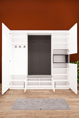 Lüks Puflu Aynalı Portmanto Askılı Vestiyer %100 Mdf Çok Raflı Modern Ayakkabılık V06 Beyaz - Antrasit