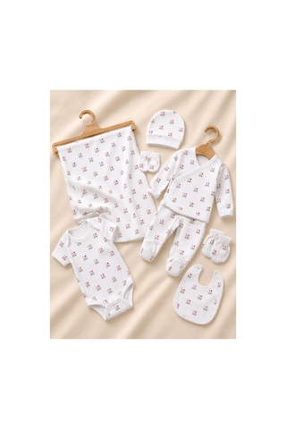 Lilliy %100 Pamuklu 7 Parça Yenidoğan Bebek Hastane Çıkış Takımı I Love Dad Mom Desenli 0-3 Ay Beyaz