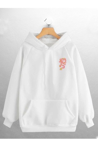 Macklin Unisex Kadın Erkek Kırmızı Ejder Baskılı Sweatshirt Beyaz Mck0669 Beyaz